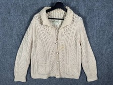 Vintage 80s Connemara Aran Handknits Wool Cardigan Sweater Ivory Irish Large picture