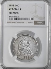 1858-P  50C SEATED SILVER HALF DOLLAR   NGC VF DETAILS 
