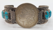 Zuni Carmelita & Dan Simplicio Sterling Turquoise Morgan Dollar Cuff Bracelet picture