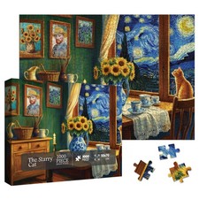 Larkipuzz Fantasy Starry Night Cat Puzzles for Adults 1000 Pieces, Vintage Van G picture
