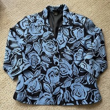 Silkland Sz L Blue Black Floral Beaded Button-up Collar Blouse Jacket 100% Silk  picture
