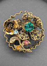 Vintage Austria Brooch Rhinestone Floral Filigree Multicolor Gold Tone picture