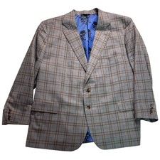 Tom James ECI Mens Grey Plaid Blazer Jacket Custom Tailored Blue Skull Lining picture