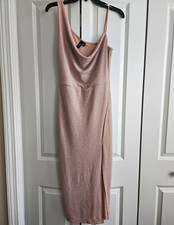 Windsor Women’s L Beige Glitter Cowl Neck Sleeveless Lined Midi Slip Dress picture