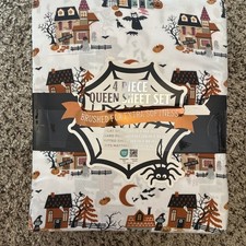 Envogue Queen Size Sheet Set Halloween Town Spooky Haunted Houses Village picture