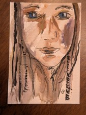 ACEO OOAK Female Portrait Mixed Media Drawing Painting Signed 2.5x3.5