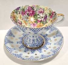 Vtg ROYAL CHINTZ Teacup & Saucer Set Blue Floral Gold Accent Pedestal 1931 picture
