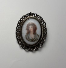 Antique Victorian Porcelain Miniature Portrait Brooch of A Women Sterling Silver picture