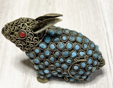 Vintage Nepalese Rabbit Figurine Hand Set Faux Turquoise & Coral Beads picture