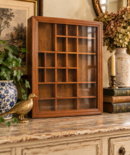 Vtg Wood Curio Display Cabinet Glass Door Wall Shadow Box Miniatures 19 Slots picture