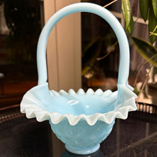 Vintage Fenton Blue Glass Ruffled Basket - Marked & Signed picture
