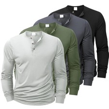Men's Cotton Henley Shirt Long Sleeve Solid Color Casual Tee New picture