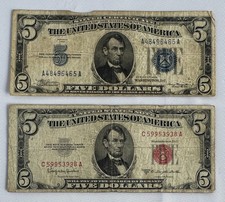 1934 and 1953 C $5 Silver Certificate Blue + Red Seal Five Dollars Paper Money picture