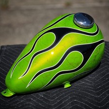 Custom Painted Axed Chopper Gas Tank 2.2 Gal Lime Metallic & Flames Frisco  picture