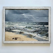 Original Oil Painting – Signed Driftwood Coastal Beach Art 18x24 Custom Framed picture