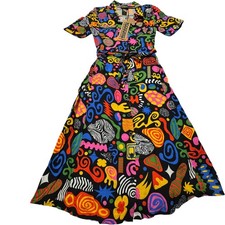 Nooworks Women's Abstract Print Button Front Shirt Dress Rayon Black Size Medium picture