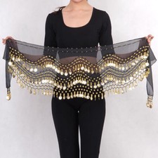 3 Rows Gold Coins Belt Belly Dance Costume Black Hip Scarf Dancing Skirt Wrap picture
