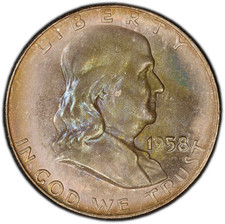 1958-D PCGS MS65 (Gem) Franklin Half | Beautiful Dark Iridescent Rainbow Toning picture