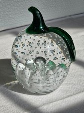 Vintage Joe St. Clair Signed Glass Apple Paperweight White Flower Bubbles Green picture