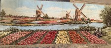Vintage Holland Dutch Tapestry Tulips Windmill Wall Hanging 26x63 Fringed picture