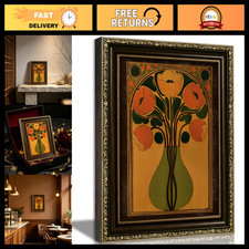 Vintage Floral Wall Art - Gold Framed Retro Poppy Canvas Print Poster Decor picture
