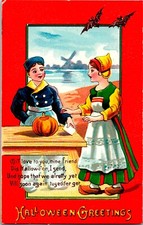 Vintage Adorable Dutch Boy & Girl, Pumpkin, Bats, Windmill, Halloween Postcard picture