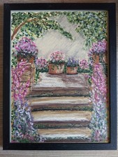 Original Garden Stairs Painting - Oil Pastel - 9x12 Framed - Signed picture