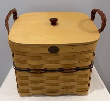 VTG Peterboro Basket Co.  Slanted Large Mail Basket with Wood Lid w Liner Signed picture