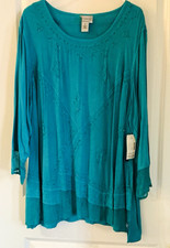 CATHERINES  TEAL Tunic Blouse Embroidered Beaded 3/4 Sleeve Rayon 2X (Orig. $89) picture