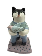 Vintage Solveig Cox Cat Holding Bird Pottery Signed by Artist USA 4.5”  RARE picture