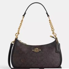 NWT Coach Teri Shoulder Bag In Signature CV933 Gold/Walnut/Black picture