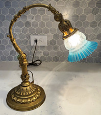 Antique Late 1800’s Swivel Bridge Piano Lamp Blue Ruffled Art Glass Working Cast picture