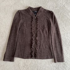 100% Wool Ruffle Zip Up Brown Jacket Women’s S/M Dark Academia Heritage Preppy picture
