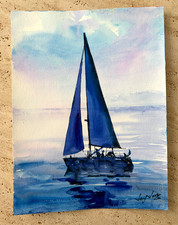 Jay Jack Jung Original Sailboat Seascape Watercolor Painting Signed 9x12 in OOAK picture