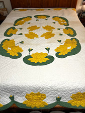 Vintage Quilted Floral Applique 87 x 76 White Yellow Green Cotton picture