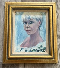 ORIG VTG OIL PAINTING PORTRAIT short haired BLOND WOMAN FRAMED FOLK ART Signed  picture