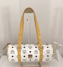 MCM White Visetos Monogram Yellow Leather Papillon Barrel Shoulder Bag Luxury picture