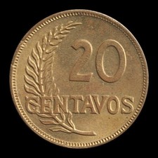 PERU 20 CENTAVOS 1942 BRILLIANT UNCIRCULATED — LOW MINTAGE — SCARCE WARTIME picture