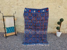 Vintage Moroccan Boujaad Rug 190x133cm Electric Blue Red Grid Berber Carpet picture