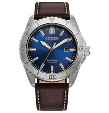 Citizen AW1840-09L Titanium Eco-Drive Men's Watch 41mm Blue Dial Brown Leather picture