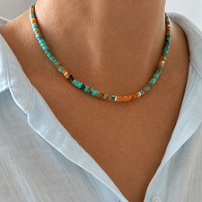 Kingman Turquoise and Orange Spiny Oyster Necklace, Natural Organic Choker, 4mm picture