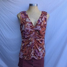 Jane + Delancey Tank Top Womens Burgundy Excellent Ruched Mesh Floral Y2K M picture