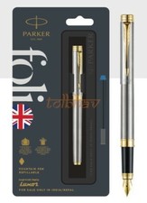 Parker Folio Stainless Steel Fountain Pen Blue Ink Gold Trim - New picture