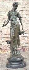Signed Moreau Young Woman with a Long Stem of Flower 100% Solid Bronze Decor picture