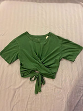 Aerie Green Knit Cotton Crew Neck Tie-Front Cropped T-Shirt, Women's XS picture