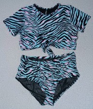Torrid High Waisted Crop Top Swimsuit Set 3 Neon Zebra Pink Blue Tie Front Y2K picture