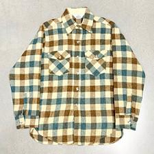 70s Vintage Woolrich Button Up Green Tan Brown Plaid USA Made Flannel M picture