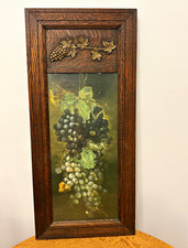 Antique Victorian Tiger Oak Frame Hanging Grapes Oleograph Print Wood Carved picture