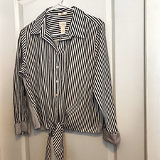Chico's Women’s Gray White Striped Non-Iron Button-Up Long Sleeve Tie Top S/M picture