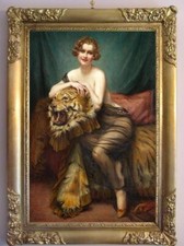 Handmade Old Master-Art Antique Oil Painting women girl tiger on canvas 24